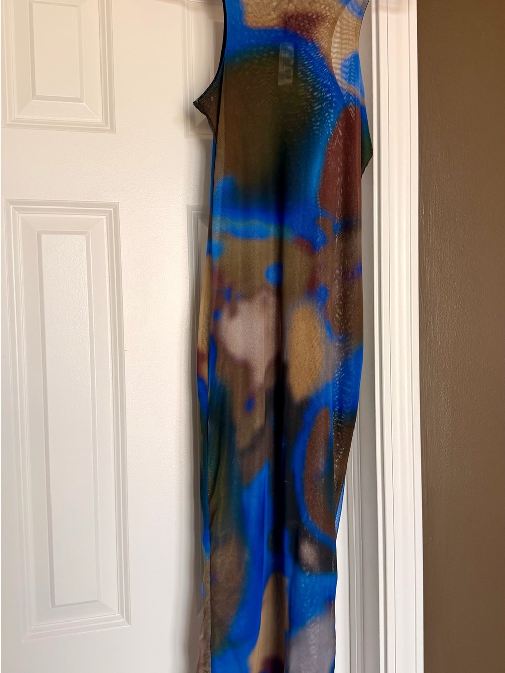 PrettyLittleThing Sheer Mesh Abstract Maxi Dress - Blue & Brown